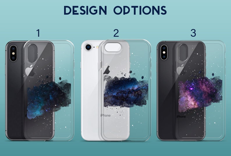 Peut inclure: Trois coques de t&eacute;l&eacute;phone transparentes avec un motif de galaxie. Les coques sont noires, blanches et transparentes. Le motif de galaxie est une n&eacute;buleuse de style aquarelle avec un sch&eacute;ma de couleurs bleu fonc&eacute;, violet et rose. Les coques ont un effet de paillettes subtil.