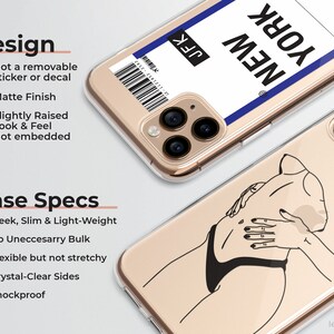 Puede incluir: Una funda transparente para tel&eacute;fono con un dibujo de l&iacute;nea negra de una persona en la parte posterior. La funda tiene una pegatina en la parte delantera que dice "NEW YORK" con una l&iacute;nea azul y las letras "JFK" en negro.