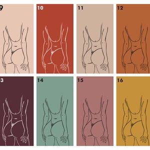 May include: A digital art print featuring a line drawing of a person in a swimsuit, with different background colours. The numbers 9 through 16 are displayed in the top corners of each image.