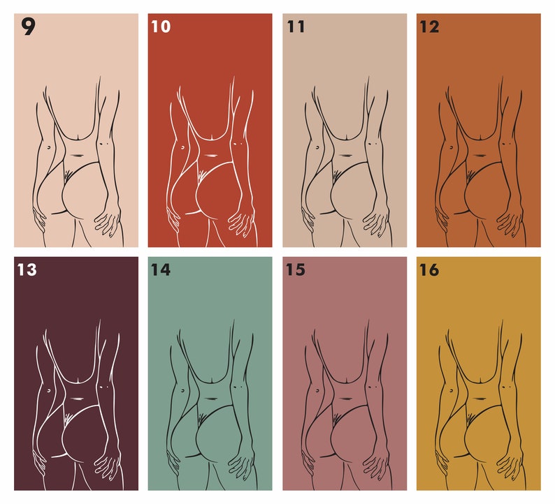 May include: A digital art print featuring a line drawing of a person in a swimsuit, with different background colours. The numbers 9 through 16 are displayed in the top corners of each image.
