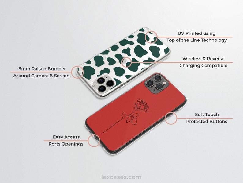 May include: Two phone cases, one with a green and white cow print design and the other with a red background and a black line drawing of a rose. Both cases have a raised bumper around the camera and screen, and both are compatible with wireless and reverse charging. The text "UV Printed using Top of the Line Technology" is visible on the top of the image.