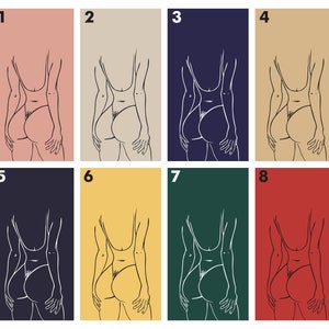 May include: A digital illustration of a person in a swimsuit, shown from behind, with their hands on their hips. The illustration is shown in eight different colour variations: pink, beige, navy blue, brown, dark blue, yellow, green, and red.