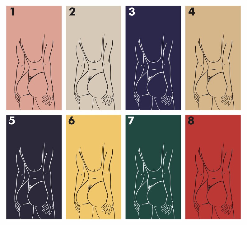 May include: A digital illustration of a person in a swimsuit, shown from behind, with their hands on their hips. The illustration is shown in eight different colour variations: pink, beige, navy blue, brown, dark blue, yellow, green, and red.