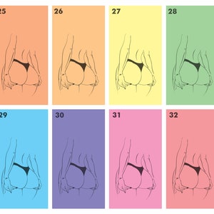 May include: A digital illustration of a person in various poses, with different colored backgrounds. The numbers 25 through 32 are displayed in the top left corner of each image.