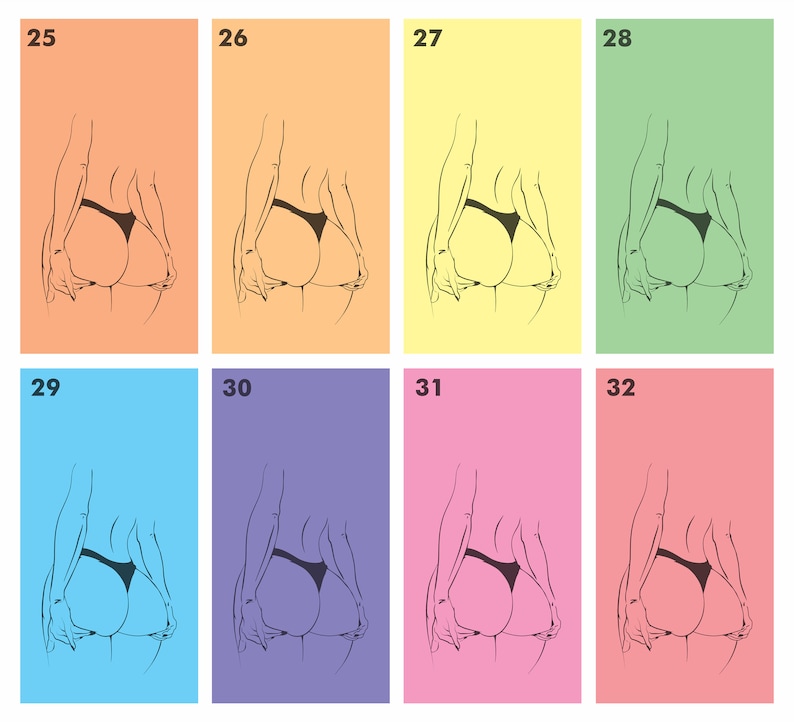 May include: A digital illustration of a person in various poses, with different colored backgrounds. The numbers 25 through 32 are displayed in the top left corner of each image.