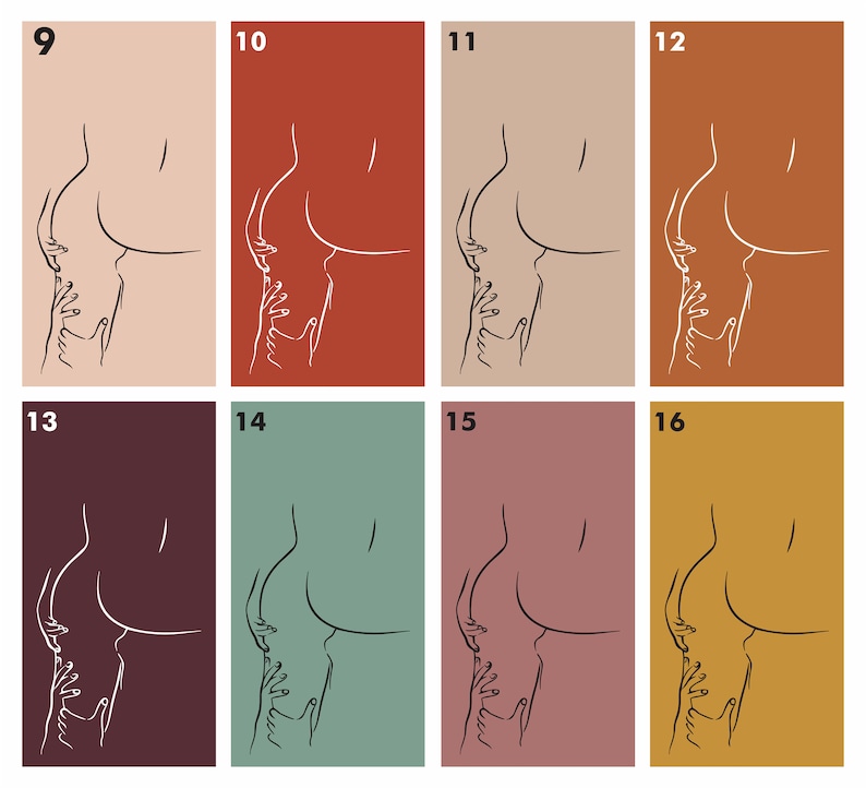 Puede incluir: Un conjunto de 8 impresiones de arte digital que presentan un dibujo de l&iacute;nea de una pareja en un abrazo rom&aacute;ntico. Las impresiones est&aacute;n disponibles en una variedad de colores, incluyendo melocot&oacute;n, rojo, marr&oacute;n, verde, rosa y amarillo.