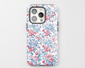 Blue Red Vintage Flowers - Phone Case for iPhone 15 14 13 12 11 Pro Max - Tough Case for Samsung Galaxy S24 23 22 - Unique Gift for Him Her