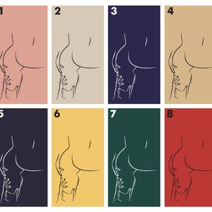 Puede incluir: Ocho variaciones de color diferentes de un dibujo de l&iacute;nea de una pareja abraz&aacute;ndose. El dibujo est&aacute; en blanco y negro y el fondo es de un solo color. Los colores son rosa, beige, azul marino, marr&oacute;n, negro, amarillo, verde y rojo.