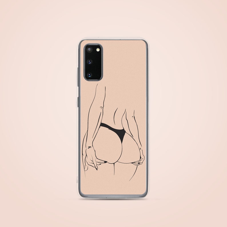 May include: A clear phone case with a nude background and a black line drawing of a person in a bikini.