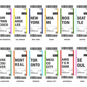 Puede incluir: Un conjunto de 12 tarjetas de embarque de aerol&iacute;nea coloridas con los nombres de diferentes ciudades impresos en ellas. Las ciudades incluyen San Francisco, Los &Aacute;ngeles, Nueva York, Miami, Boston, Seattle, Vancouver, Montreal, Toronto, Ciudad de M&eacute;xico, &Aacute;msterdam y Se&uacute;l.