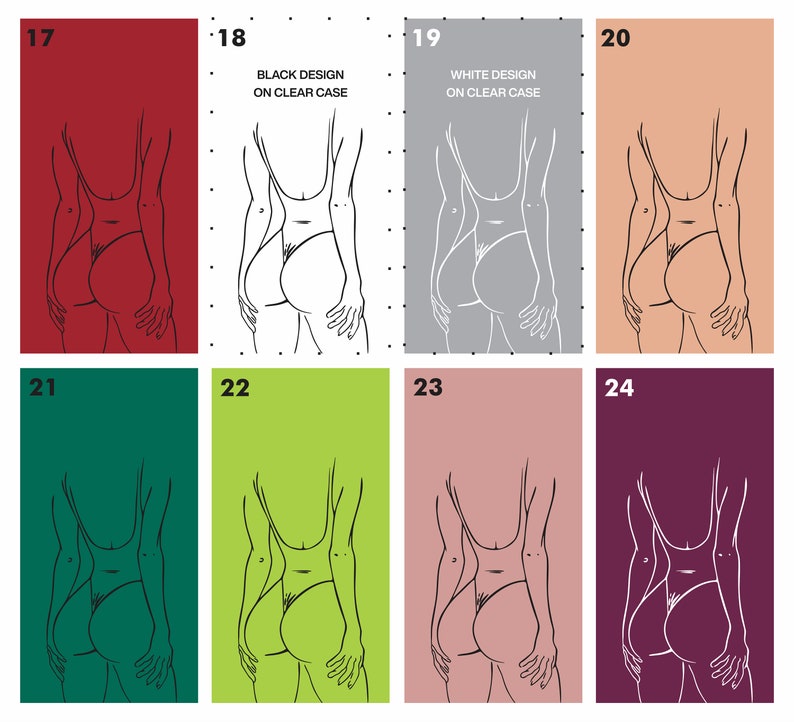 May include: A set of eight phone case designs featuring a line drawing of a person in a swimsuit. The designs are in various colours, including red, green, pink, and purple. The text "BLACK DESIGN ON CLEAR CASE" and "WHITE DESIGN ON CLEAR CASE" are included in the image.