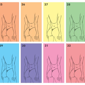 May include: A digital illustration of a person in a swimsuit, shown from behind, with their hands on their hips. The illustration is repeated eight times, each time with a different background colour: orange, yellow, light yellow, green, light blue, purple, pink, and light pink.