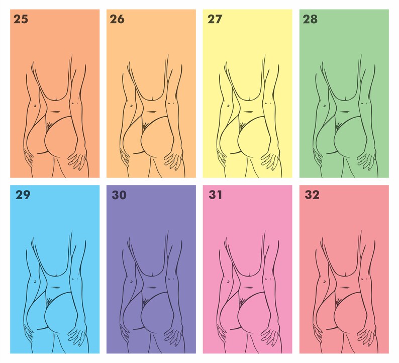 May include: A digital illustration of a person in a swimsuit, shown from behind, with their hands on their hips. The illustration is repeated eight times, each time with a different background colour: orange, yellow, light yellow, green, light blue, purple, pink, and light pink.