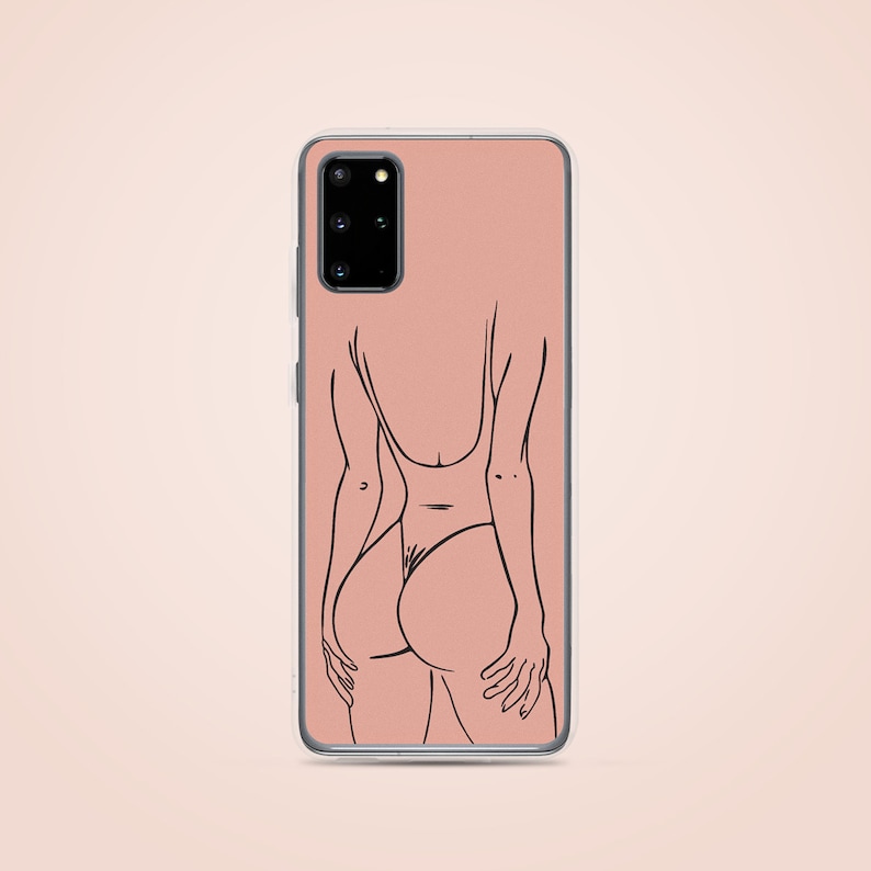 May include: A phone case with a pink background and a black line drawing of a person in a swimsuit.