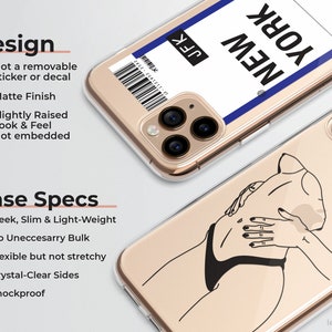 May include: A clear phone case with a black line drawing of a person on the back. The case has a sticker on the front that says "NEW YORK" with a blue line and the letters "JFK" in black.