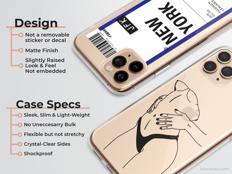 May include: A clear phone case with a black line drawing of a person on the back. The case has a sticker on the front that says "NEW YORK" with a blue line and the letters "JFK" in black.