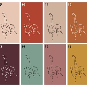 May include: A set of eight illustrations depicting a couple in various poses. The illustrations are in black and white line art style and are set against a background of eight different colors. The colors are peach, red, beige, orange, maroon, green, pink, and yellow.
