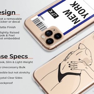 Puede incluir: Una funda transparente para tel&eacute;fono con un dibujo de l&iacute;nea negra de una persona en la parte posterior. La funda tiene una pegatina en la parte delantera que dice "NEW YORK" con una l&iacute;nea azul y las letras "JFK" en negro.