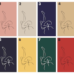 May include: A set of eight illustrations depicting a couple in a romantic embrace. Each illustration features the same pose but with a different background color: pink, beige, navy blue, tan, dark blue, yellow, green, and red.