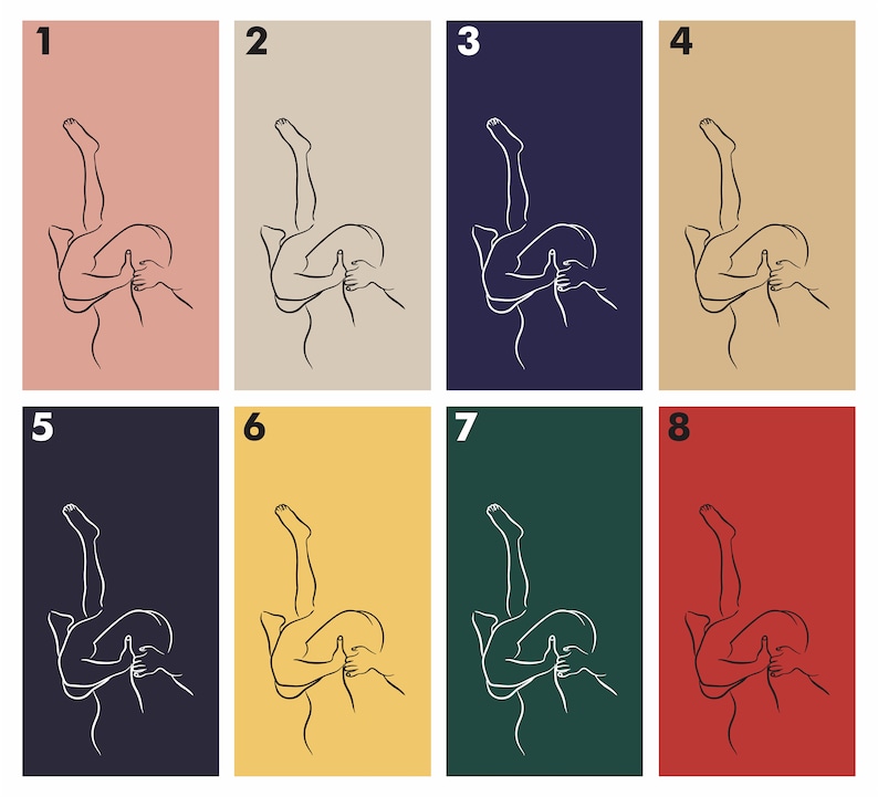 May include: A set of eight illustrations depicting a couple in a romantic embrace. Each illustration features the same pose but with a different background color: pink, beige, navy blue, tan, dark blue, yellow, green, and red.