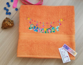Orange terry towel with embroidery Summer. Great beach towel.