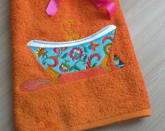Orange terry towel with embroidery "Flower Bath". A gift for her.