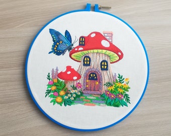 Embroidery hoop art "Mushroom house". Housewarming gift. Home Decor. Gift Embroidery Hoop. Canvas hoop art.