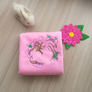 Baby pink fleece blanket with embroidery &quot;Sleepy bunny&quot;.Light, warm blanket for the baby. Good gift for the girl.
