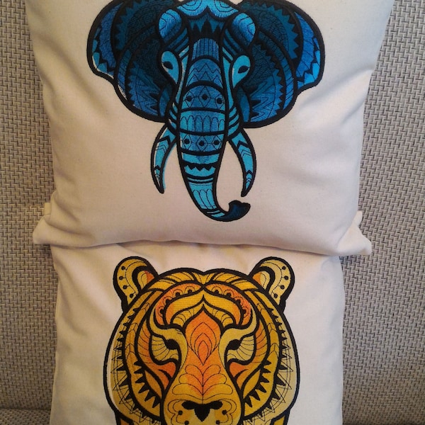 Decorative Pillow Cover with machine embroidery. Emerald green elephant and bright tiger.Decoration for any room and home. Colorful.Linen .