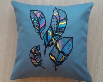 Gray decorative Pillow Cover with machine embroidery "Flight of  Feathers", pillowcase with a zip can be washed.Decoration for home.