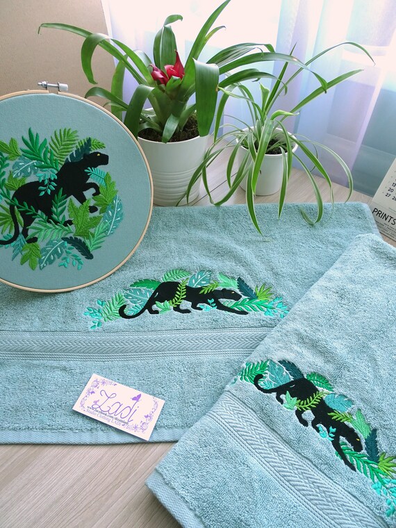 Set of Towels Machine Embroidery Black Panther. Wall Pano Machine
