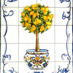 Tile mural. Lemon tree,  orange, oil tree. Handmade Hand painted,  tradicional cerámic of Spain, Portugal. Clasic tiles. Blue and yellow.
