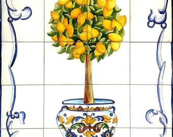 Tile mural. Lemon tree,  orange, oil tree. Handmade Hand painted,  tradicional cerámic of Spain, Portugal. Clasic tiles. Blue and yellow.