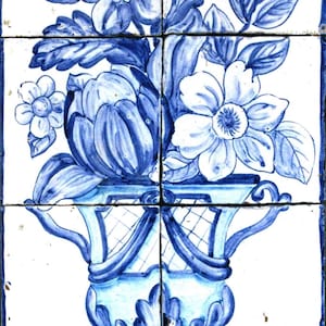 Mural Tiles, still life, vase of flowers. Tradicional ceramic, hand painted.