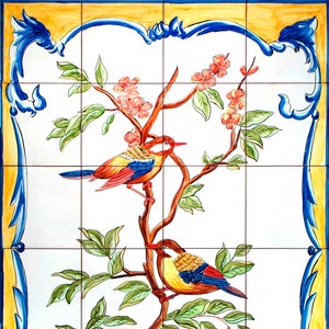Mural tiles, birds and flowers. Tradicional ceramic, hand painted, Clasic motiv in ceramic, birds of colours.