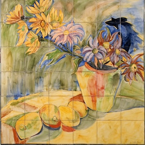 Tile mural, still life, flowers and lemon, tradicional ceramic, hand painted. andalusian, Portugal, for terrace, outside, kitchen yellow