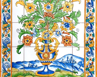 Tile mural, landscape,still life whit flowers.Handmade Hand painted, tradicional ceramic  Spain, Portugal. Clasic  whit vase of flowers .