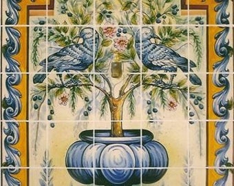 Olive tree whit birds. Tile mural, tradicional ceramic. Clasic desing, hand painted. Ceramic andaluza, portuguesa.