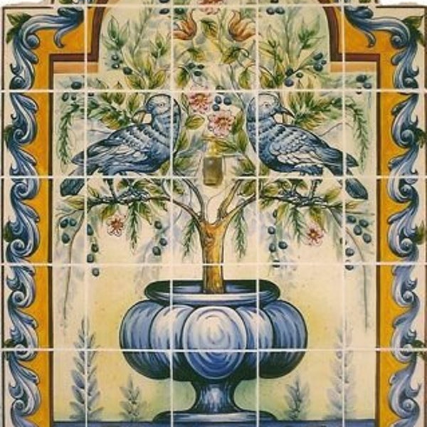 Olive tree whit birds. Tile mural, tradicional ceramic. Clasic desing, hand painted. Ceramic andaluza, portuguesa.