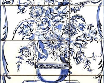 Mural tile, still life, flowers blue and white. Tradicional ceramic, hand painted. Tiles of Andalucia, Spain.