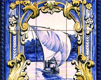 Tiles, landscape sailboat, portuguese, handmade, handpainted, tradicional ceramic, border blue and yellow. Portugal. fishermen.