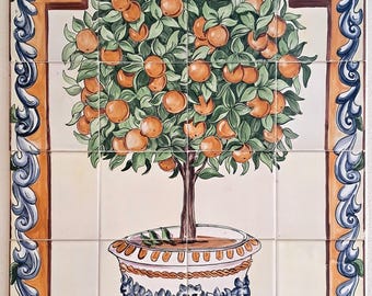 Tile mural. Lemon tree,  orange, oil tree. Handmade Hand painted,  tradicional cerámic of Spain, Portugal. Clasic tiles. Blue and yellow.