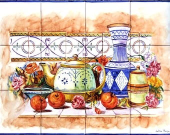 Tile mural, handmade, still life whit teapot, fruits, flowers. Tradicional cerámic, Spain, Portugal. Clasic tiles. Still life kitchen.