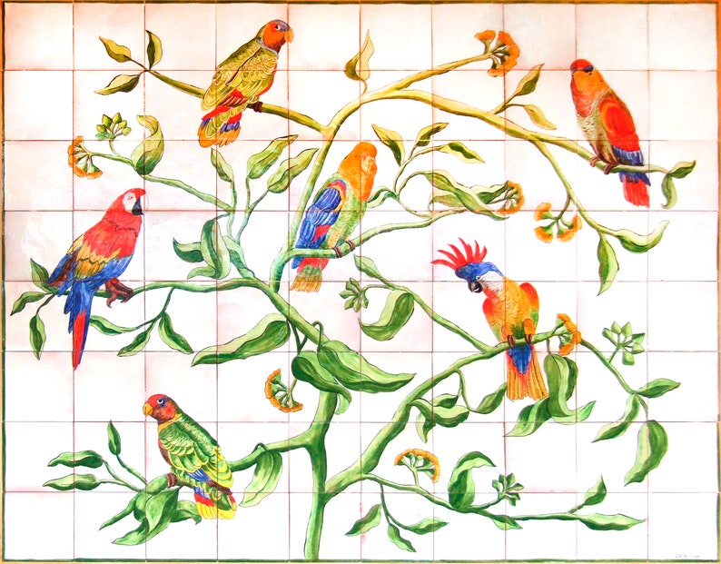 Tile mural, hand painted, handmade. Landscape, still life, parrots, birds, tree. Tradicional cerámic, classic tiles. zdjęcie 2