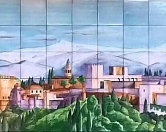 Tile mural. Alhambra of Granada. Tradicional ceramic, hand painted. Portuguesa, andaluza. Lanscape of Granada, Albaicin, Andalucia.