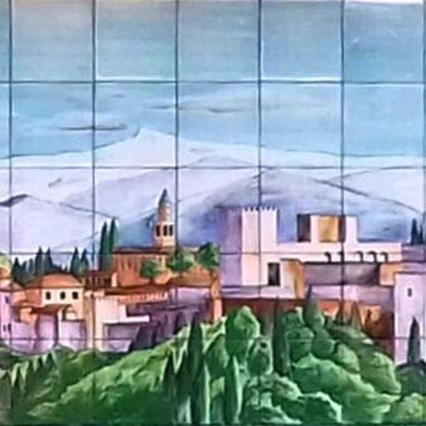 Tile mural. Alhambra of Granada. Tradicional ceramic, hand painted. Portuguesa, andaluza. Lanscape of Granada, Albaicin, Andalucia.