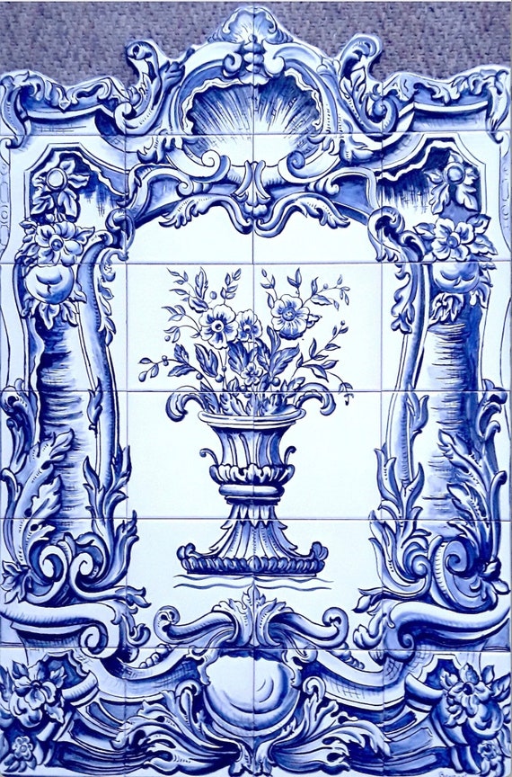 Tile mural, landscape,still life whit flowers.Handmade Hand painted, tradicional ceramic Spain, Portugal. Clasic whit vase of flowers .