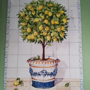 Tile mural. Lemon tree,  orange, oil tree. Handmade Hand painted,  tradicional cerámic of Spain, Portugal. Clasic tiles. Blue and yellow.