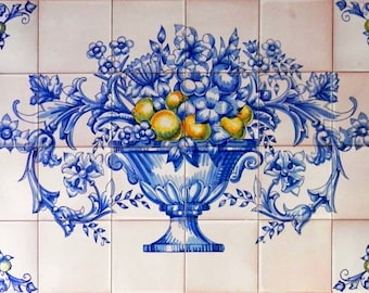 Mural tiles, still flowers blues and lemons. Tradicional ceramic, handpainted, handmade. Andalucia, Portugal.