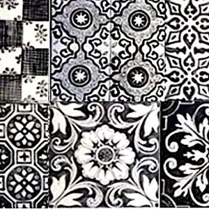 May include: Black and white patterned tiles with geometric designs. The tiles feature intricate floral and geometric patterns, creating a visually appealing mosaic.